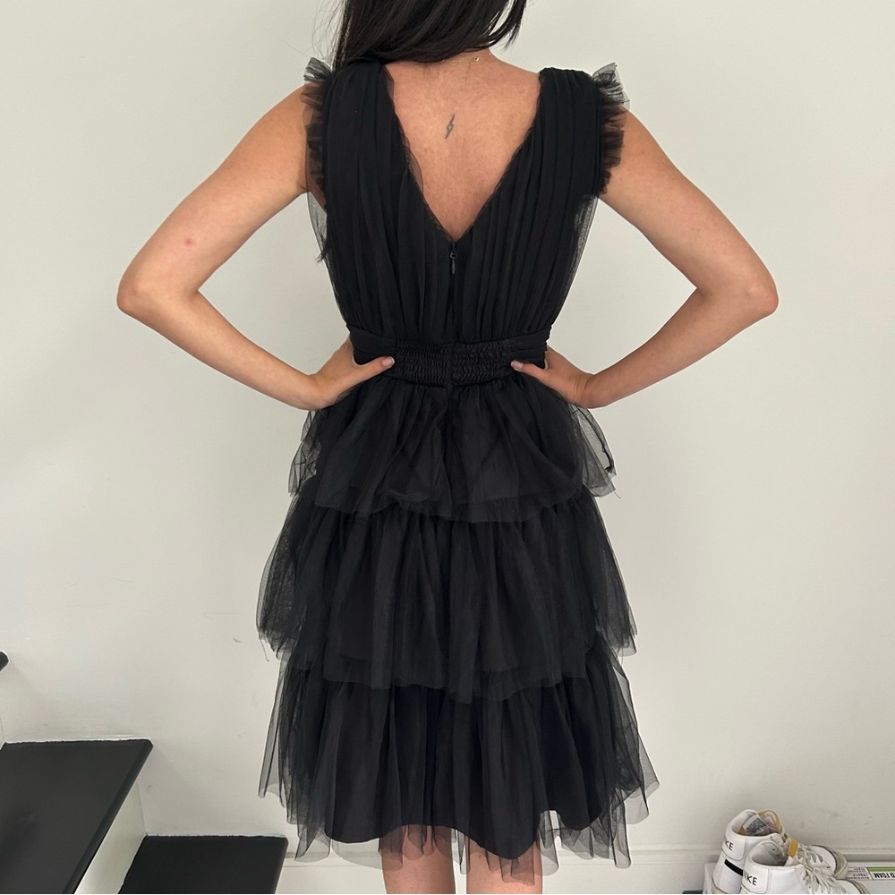Black Cocktail Tulle V-Neck Midi Ruffle Dress / Size 4 - Picture 3 of 4
